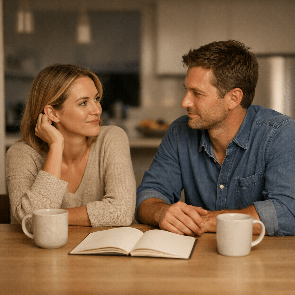 A Sydney couple pauses for a calm evening check-in at home.