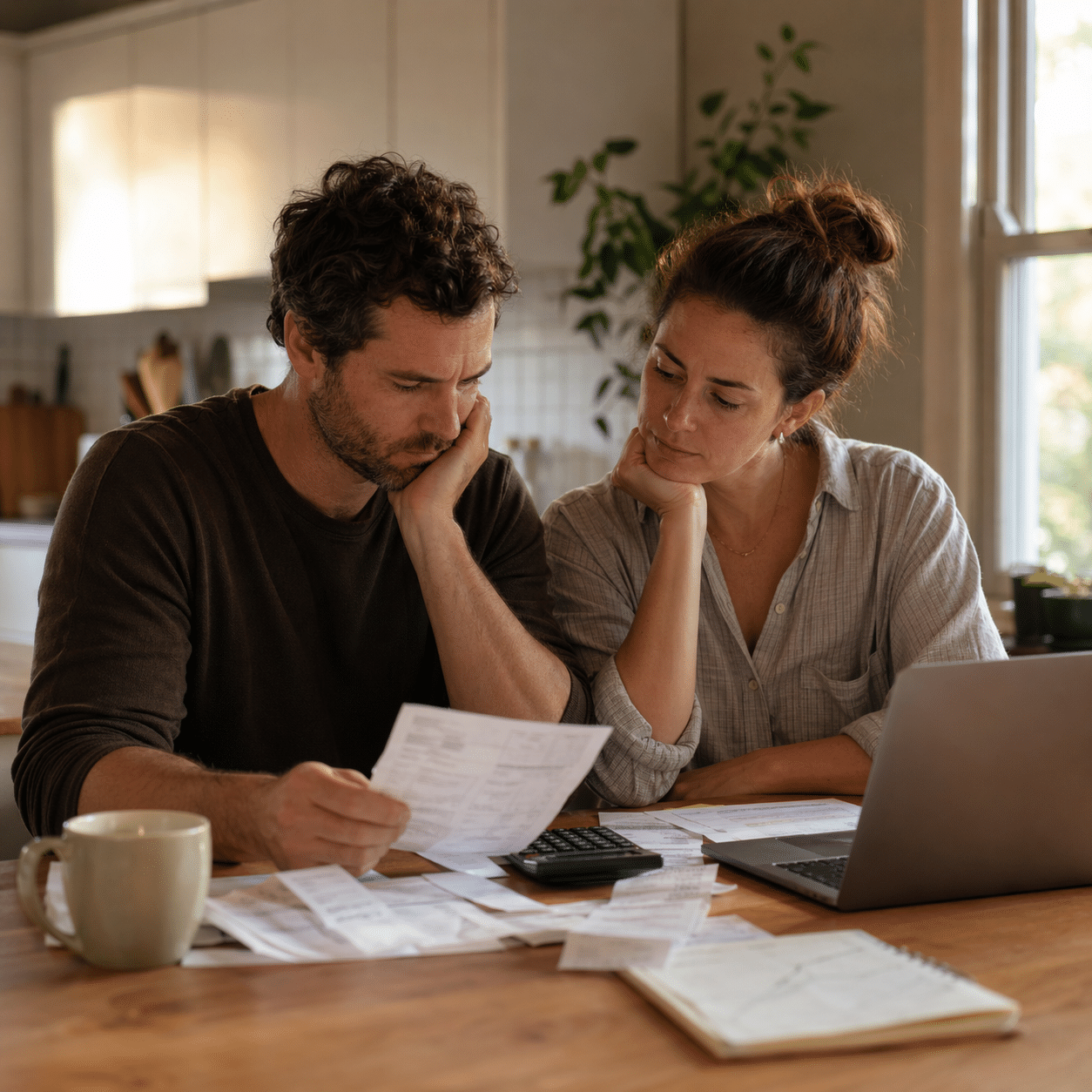 A concerned Australian couple sit at a kitchen table with bills, a laptop and receipts, showing how financial pressure can create tension at home.