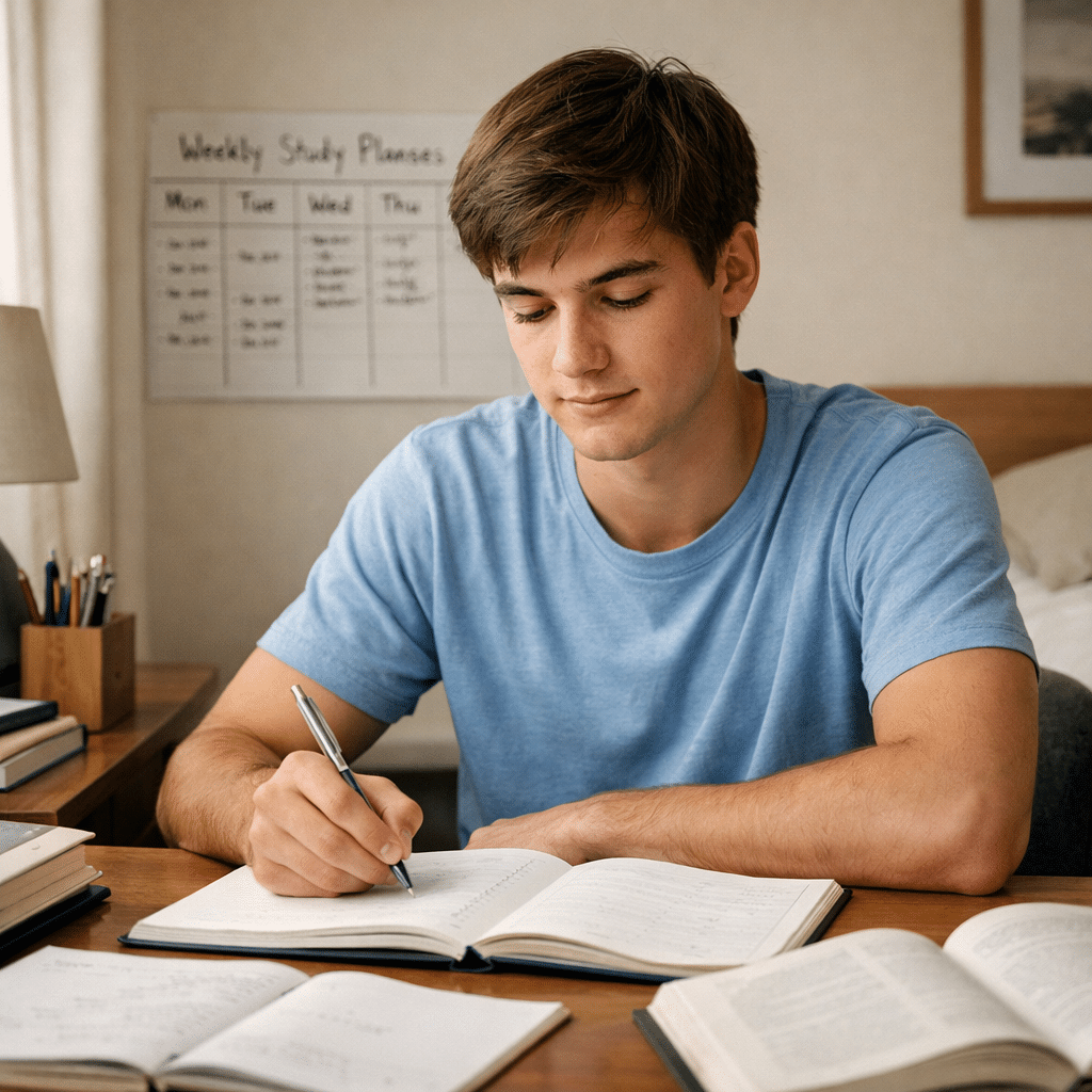 Sydney HSC student studying calmly with a simple weekly study plan.