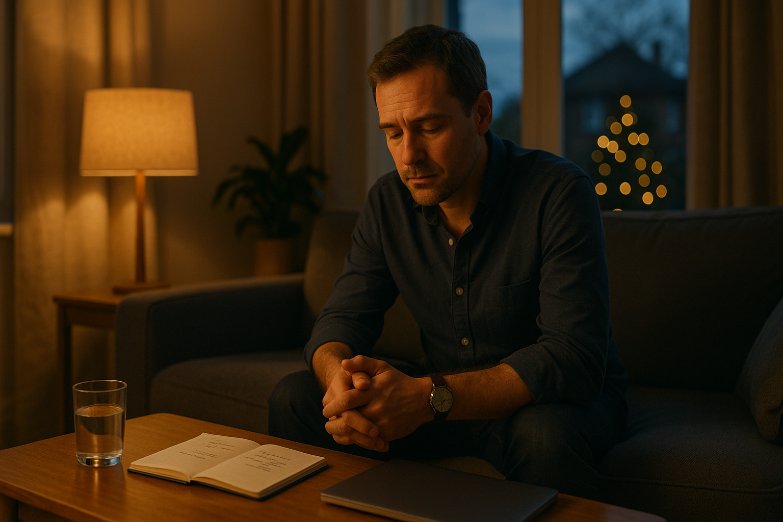 priscilla-du-preez-149914-unsplash-650x350 Reflective evening at home in December, with a tired professional sitting quietly as soft festive lights blur in the background.