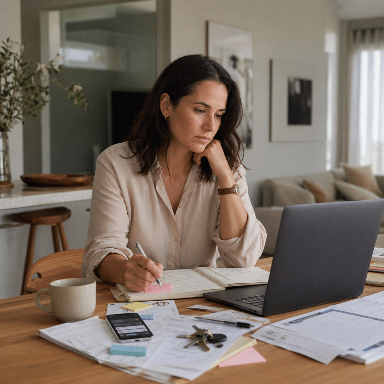 A busy professional sits at a desk surrounded by work and household reminders, reflecting the invisible mental load many adults carry every day.