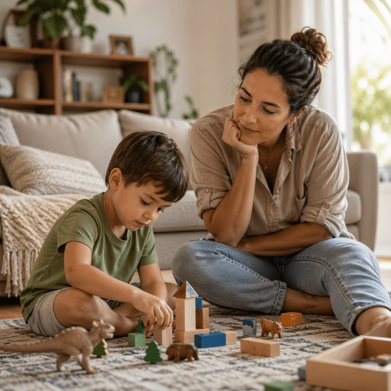 A parent gently watches their child playing on the floor at home, capturing the thoughtful process of noticing patterns and seeking clarity early.