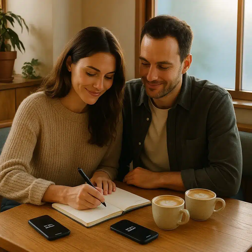 A Sydney couple calmly planning together over coffee in a morning café