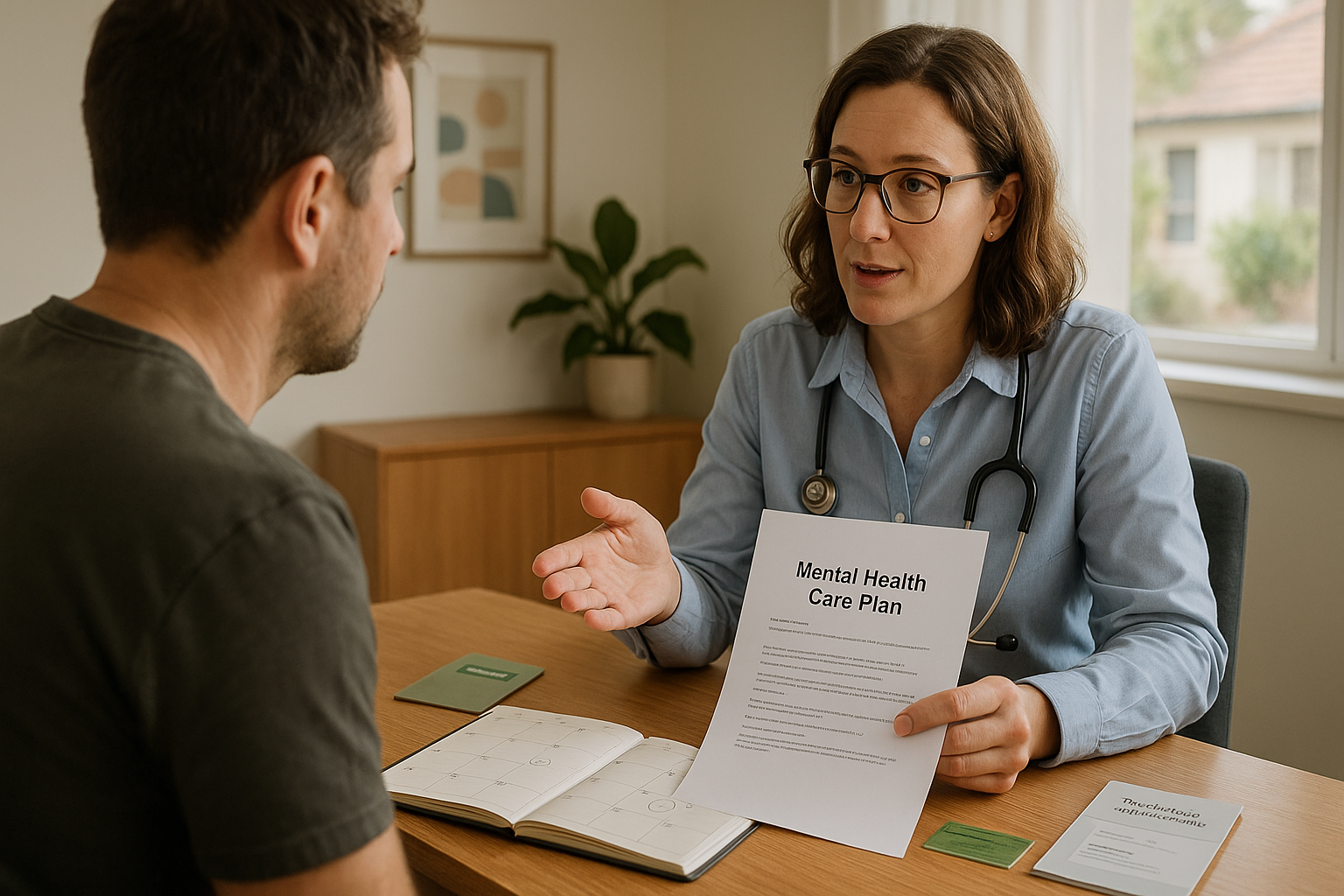 priscilla-du-preez-149914-unsplash-650x350 GP and patient discussing a Mental Health Care Plan with a planner showing late-December appointments and a generic rebate card on the desk.