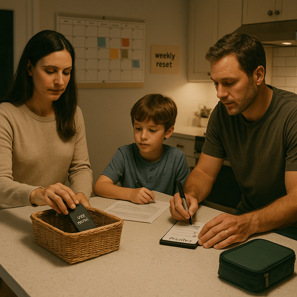 Evening family ‘weekly reset’ at a kitchen island with shared calendar, simple priorities and phones silenced